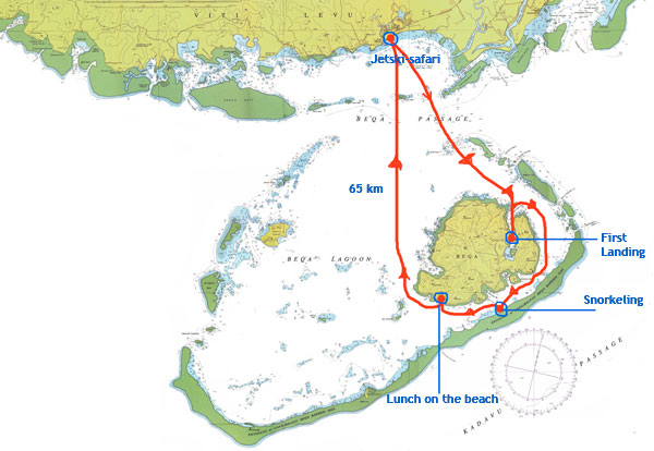 Map of the Jetski-Safari tour route around Beqa Island, Fiji